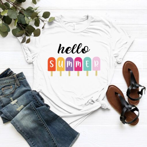 Summer Vacation 2023 T-shirt, Hello Summer Shirt - Popsicle Written Summer Welcome Outfit, Colorful Holiday T-Shirt