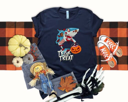 Cute Halloween Shirt, Trick or Treat Zombie Shark Shirt, Halloween pumpkin Spider, Halloween boys boy Shirt