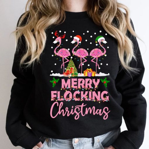 Funny Pink Flamingo Christmas Palm Tree Tropical Xmas Funny Sweatshirt