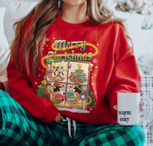 Vintage Merry Christmas Mickey and Friends Sweatshirt, Disney Christmas Trip Sweatshirt