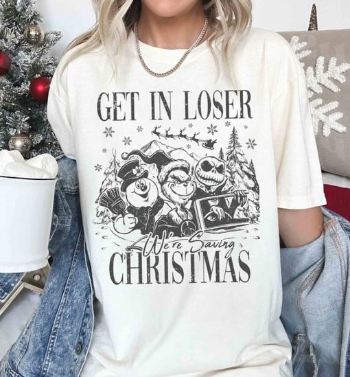 Retro Get In Loser We're Saving Christmas Shirt, Snowman Jack Skellington Grinchs Xmas Shirt