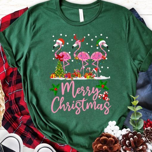 Funny Pink Flamingo Christmas Palm Tree Tropical Xmas Funny T-Shirt