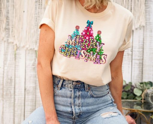 Merry Christmas Light Tshirt, Funky Christmas Shirt, Pink and Teal T-Shirt