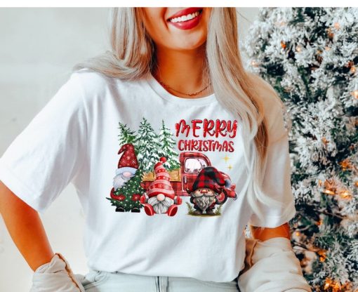 Merry Christmas Red Truck Buffalo Plaid Tshirt, Christmas gnomies T-Shirt