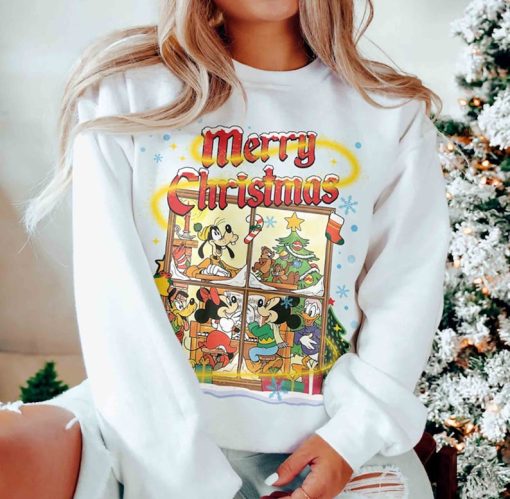 Vintage Merry Christmas Mickey and Friends Sweatshirt, Disney Christmas Trip Sweatshirt