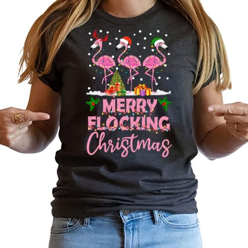 Funny Pink Flamingo Christmas Palm Tree Tropical Xmas Funny T-Shirt