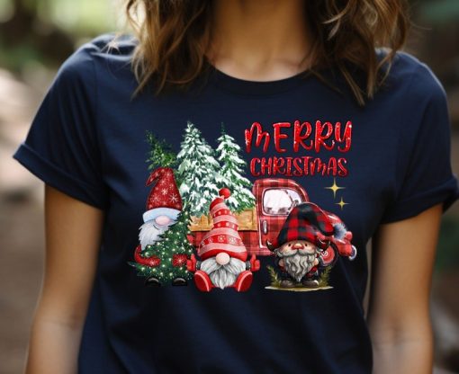 Merry Christmas Red Truck Buffalo Plaid Tshirt, Christmas gnomies T-Shirt