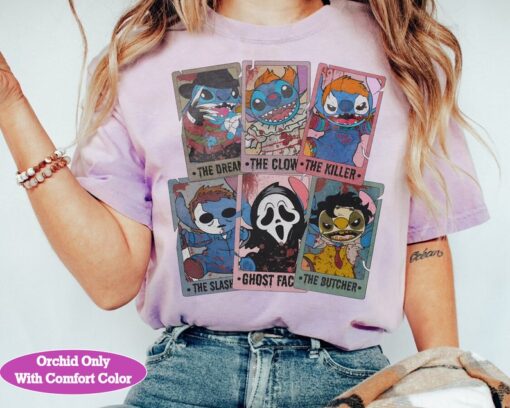 Funny Stitch Cosplay Horror Characters Tarot Card Halloween Shirt, Mickey's Not So Scary Party Tee