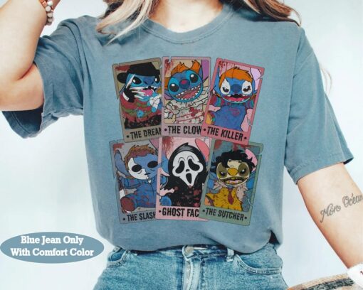 Funny Stitch Cosplay Horror Characters Tarot Card Halloween Shirt, Mickey's Not So Scary Party Tee