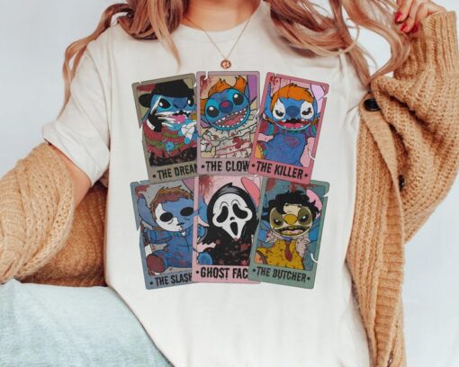 Funny Stitch Cosplay Horror Characters Tarot Card Halloween Shirt, Mickey's Not So Scary Party Tee