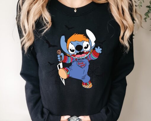 Halloween Chucky Stitch Sweatshirt, Horror Character Hoodie, Disney Halloween Hoodie, Halloween Gift, Spooky Disney Shirt, Horror Disney