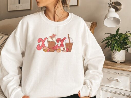 XOXO Valentine Sweatshirt, Coffee Valentines Day Sweatshirt, Women's Sweater, Valentines Day Party Shirt, Love Coffee Sweater