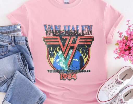 Van Tour Of World 1984 Halen Rock Band Tee Shirts, Retro 80s Band T-Shirt For Fan, Rock and Roll Music Tour Unisex Shirt