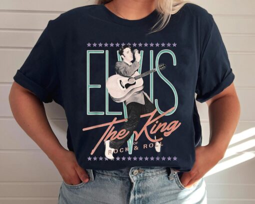 Official Vintage Design King Of Rock Shirt Elvis Presley T-Shirts Family Holiday Party Tees Friends Funny Gift For Fan