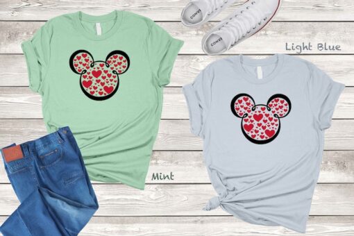 Mickey and Minnie Ears With Heart Shirt For Valentines Day, Disney World Valentines Travel Shirts, Valentine’s Day Disney Matching Shirt