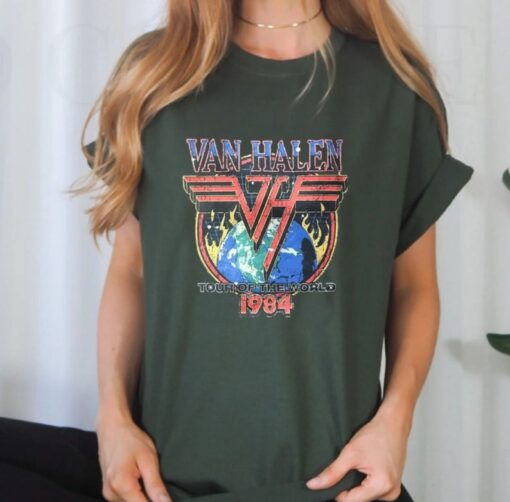 Van Tour Of World 1984 Halen Rock Band Tee Shirts, Retro 80s Band T-Shirt For Fan, Rock and Roll Music Tour Unisex Shirt