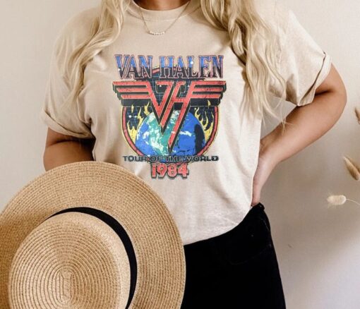 Van Tour Of World 1984 Halen Rock Band Tee Shirts, Retro 80s Band T-Shirt For Fan, Rock and Roll Music Tour Unisex Shirt