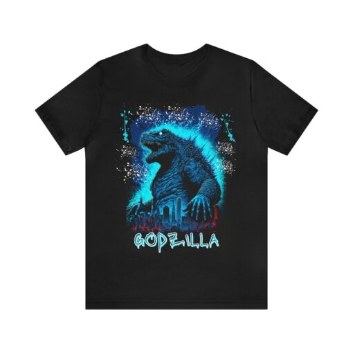 Graffiti Inspired Black Godzilla T-Shirt with Blue and White Splatter - Perfect for Godzilla Fans and Street Art