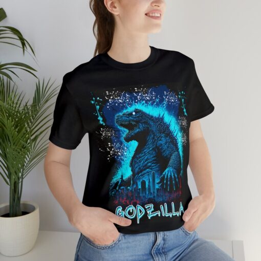 Graffiti Inspired Black Godzilla T-Shirt with Blue and White Splatter - Perfect for Godzilla Fans and Street Art