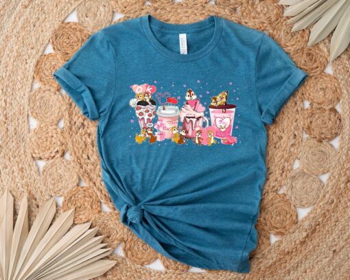 Disney Chip And Dale Happy Valentine's Day Shirt, Chip And Dale Coffee T-Shirt, Double Trouble Pink Drink Day Shirt