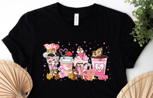 Disney Chip And Dale Happy Valentine's Day Shirt, Chip And Dale Coffee T-Shirt, Double Trouble Pink Drink Day Shirt