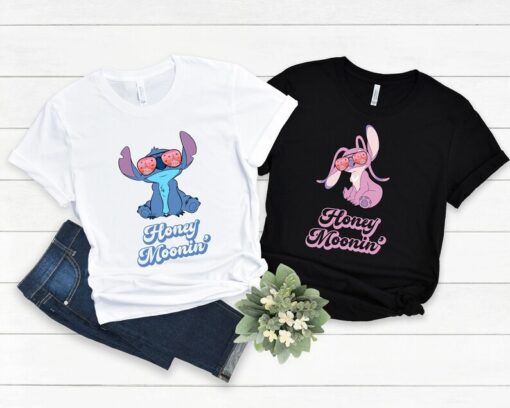 Disney Honey Moonin' Couple Shirt, Disney Stitch And Angel Honey Moonin' Shirt, Honeymoon Trip Tee, Disney Married Tee, Disney Family Tee