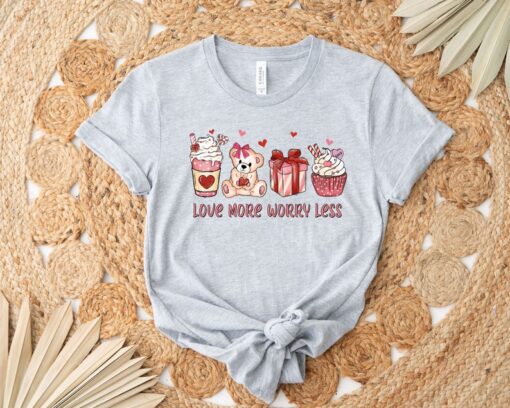 Valentine Love More Worry Less Shirt, Valentine Coffee Bear Snacks T-Shirt, Valentine's Day, Valentines Matching Shirt, Cute Valentines Tee