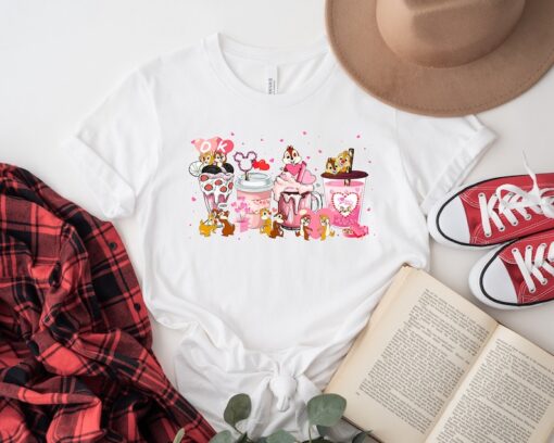 Valentines Chip And Dale Pink Coffee Latte Shirt , Disney Couple Shirt, Disney Double Trouble Valentine Day Coffee Drink Shirt