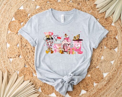 Valentines Chip And Dale Pink Coffee Latte Shirt , Disney Couple Shirt, Disney Double Trouble Valentine Day Coffee Drink Shirt