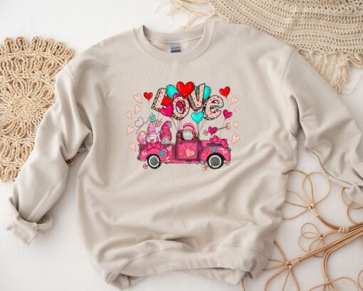 Valentine Gnomes Truck Sweatshirt, Valentine Gnome Pink Hoodie, Valentine's Day Sweatshirt, Gnome Lover Hoodie, Happy Valentine Sweater