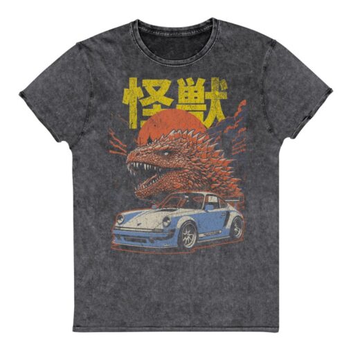 Godzilla and Car Japanese Graphic Denim Tee - Vintage Inspired Unisex Retro Denim Shirt