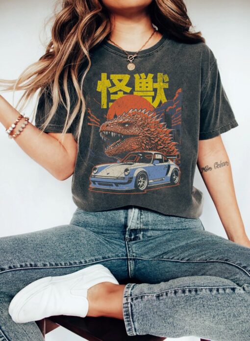 Godzilla and Car Japanese Graphic Denim Tee - Vintage Inspired Unisex Retro Denim Shirt