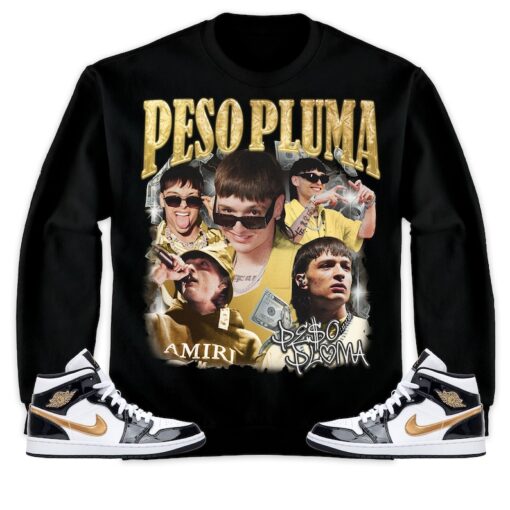 VT Peso Pluma Unisex Tees Jordan 1 Mid SE Black Gold, Peso Pluma Shirt to match Sneaker, Rapper music Tees match Jordan