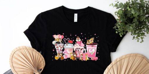 Valentines Chip And Dale Pink Coffee Latte Shirt , Disney Couple Shirt, Disney Double Trouble Valentine Day Coffee Drink Shirt