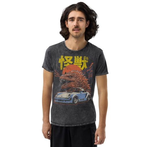 Godzilla and Car Japanese Graphic Denim Tee - Vintage Inspired Unisex Retro Denim Shirt