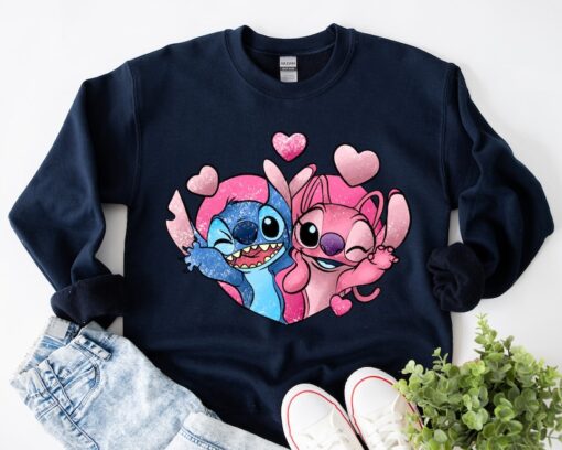 Disney Stitch Angel Valentine Sweatshirt, Cute Stitch Angel Love Shirts, Angel Valentine Hearts Hoodie