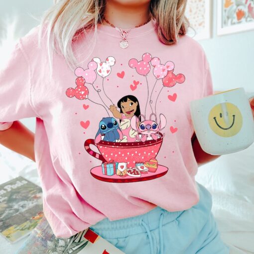 Disney Stitch and Angel Pink Cup Valentine Shirt, Stitch Shirt, Disney Valentine's Day Shirt, Stitch Valentine Shirt