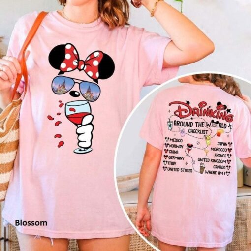 Mickey Beer Minnie Wine Disney 2 Sides Shirt, Epcot Drinking Around The World Shirt, Snacking Around the world checklist