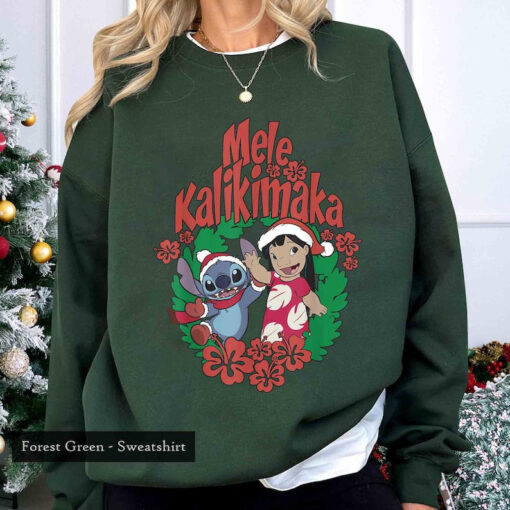 Lilo And Stitch Mele Kalikimaka Wreath Sweatshirt, Disney Lilo & Stitch Christmas Sweatshirt