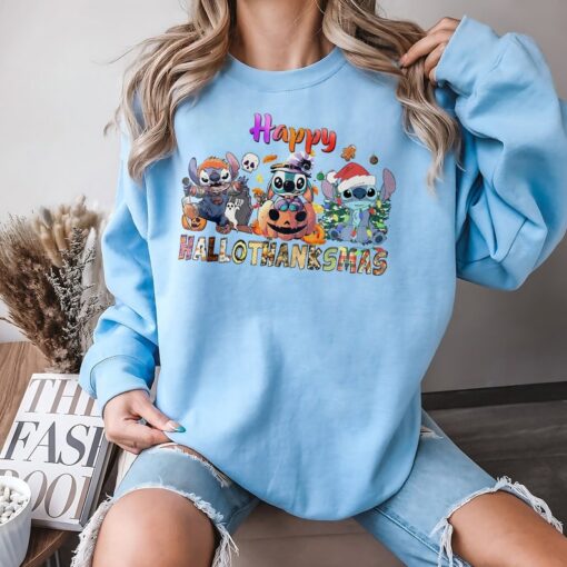 Happy Hallothanksmas Stitch Shirt, Halloween Stitch Shirt, Christmas Stitch Sweatshirt, Stitch Clipart, Stitch Shirt, Christmas Sweater