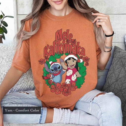 Lilo And Stitch Mele Kalikimaka Wreath Shirt, Disney Lilo & Stitch Christmas Sweatshirt