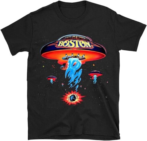 Boston Band Tshirt Poster Shirt Spaceship Rock Band T Shirts for Men Black