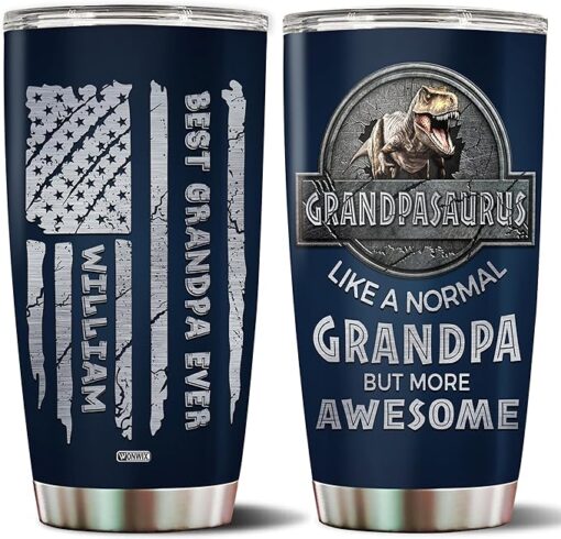 WONWIX Personalized Grandpa Tumbler Gifts from Grandson Granddaughter Travel Mug Coffee Cup Grandpasaurus Thermos Water