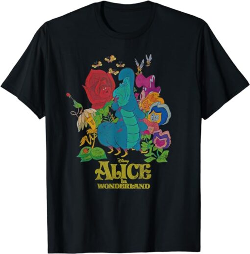 Alice in Wonderland Caterpillar and Living Flowers Retro T-Shirt