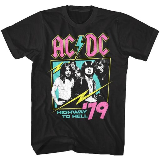 ACDC Men's T-shirt Highway to Hell Neon Graphic Tshirt, AC/DC 1979 Album Concert Tour Merch