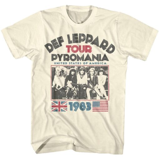 Def Leppard Men's T-Shirt Pyromania USA Tour 1983 Ivory T-shirt 100% Cotton Rock Band Concert Tees Artistic Cool Gift