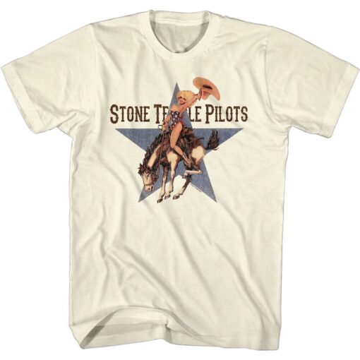 Stone Temple Pilots Men's T-shirt Cowgirl Riding Bronco Graphic Tee Alt Rock Concert Tour Merch Vintage 90s Grunge Music