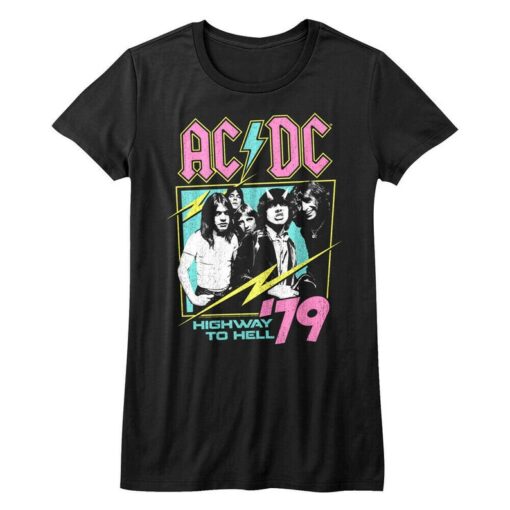 ACDC Women's T-Shirt AC DC Neon Highway to Hell Tour 79 Graphic Tee ac/dc Vintage Rock Band Album Concert Poster Tee