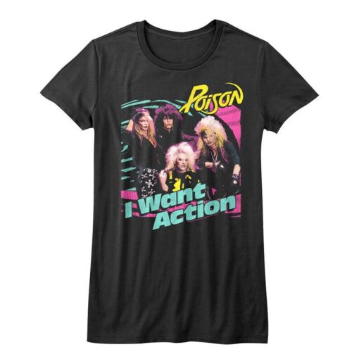 Poison Women's T-shirt I Want Action Album Black Graphic Tee Rock Music Shirt Glam Metal Band Concert Merch Festival