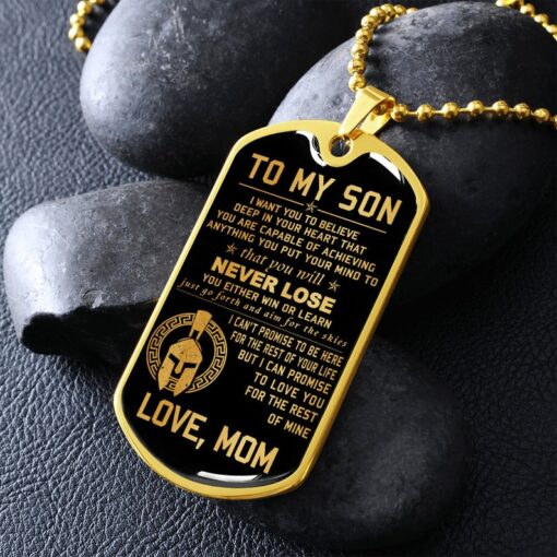 Spartan Dog Tag Necklace silver gold To my son deep in your heart that you will never lose love mom Custom Dog Tags